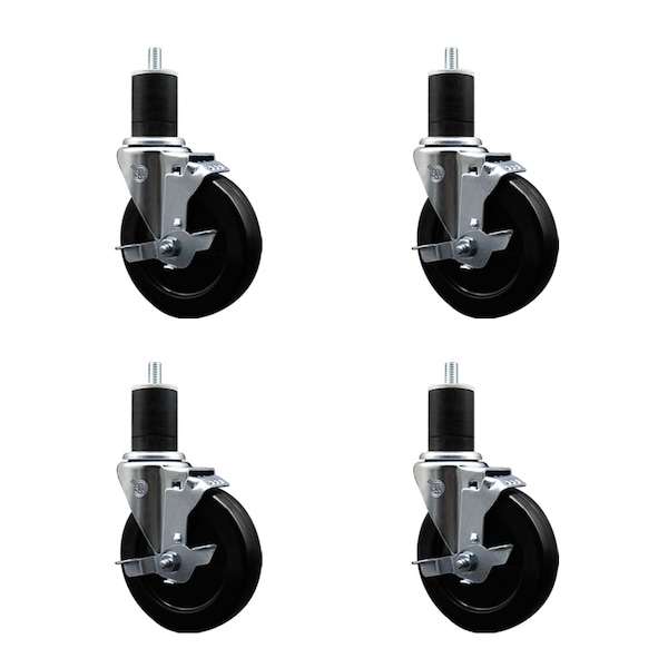 5'' SS Soft Rubber Swivel 1-3/4'' Expanding Stem Caster Set with Brake, 4PK
